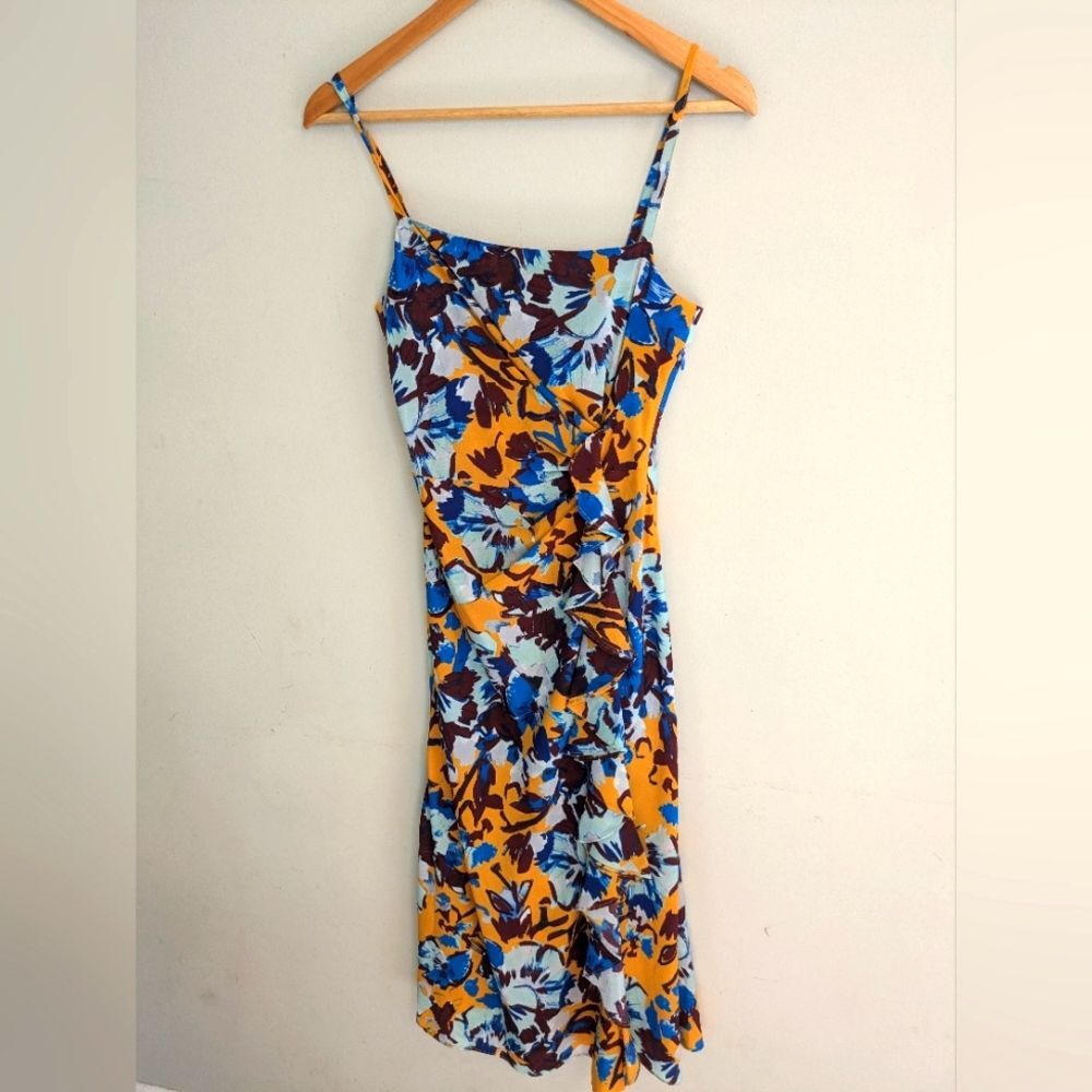 Prabal Gurung Ochre Side Ruffle Orange Floral Midi Dress Size 0